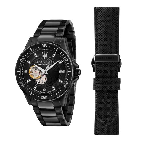 MASERATI 瑪莎拉蒂 SFIDA DIAMONDS 真鑽自動鏤空機械腕錶44mm(R8823140005)附皮革錶