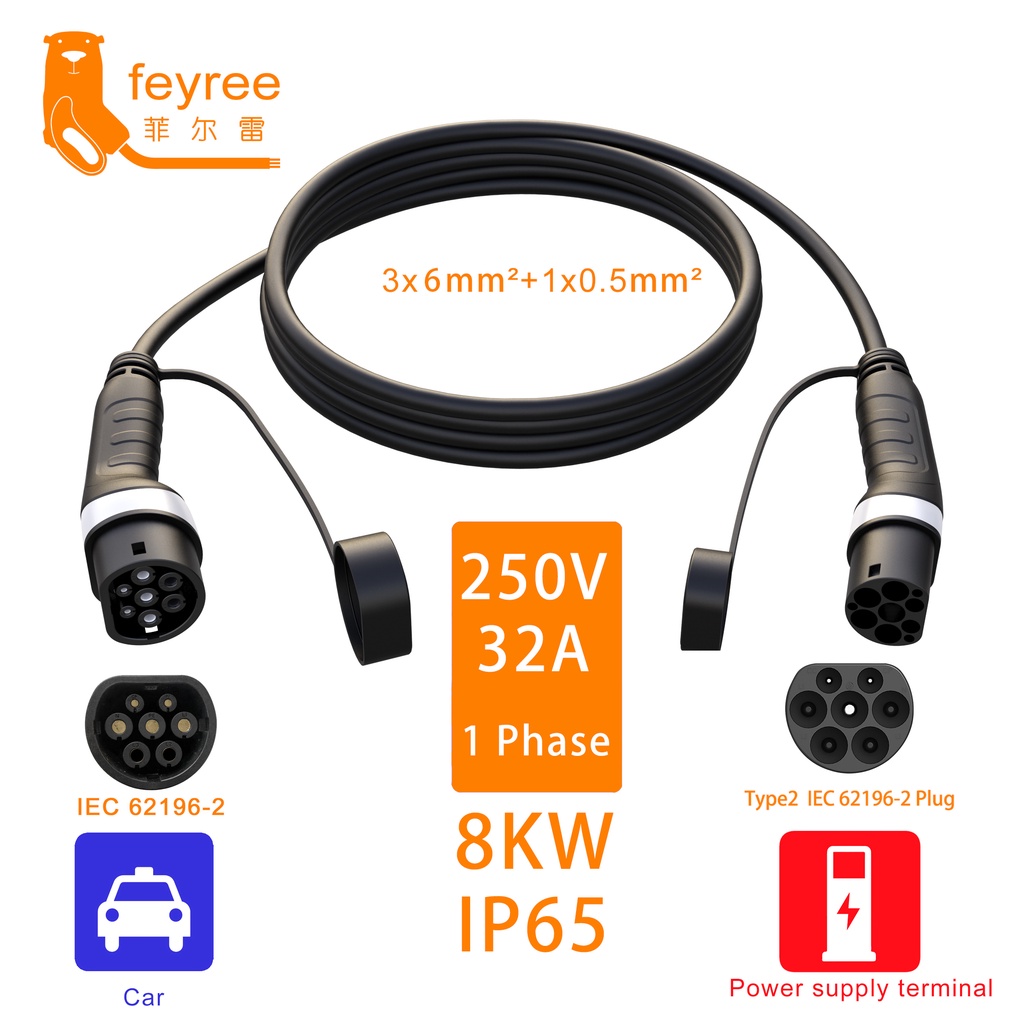 Feyree歐規電動汽車Type 2 型IEC 62196 充電連接器電纜 32A 8KW 適用於汽車充電站