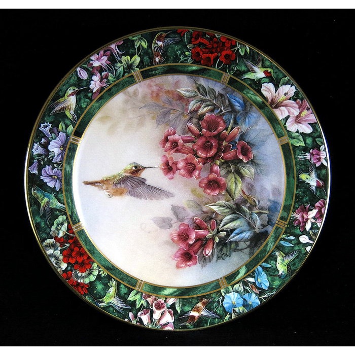 美國W S George 藝術家 Lena Liu 劉莉娜蜂鳥花卉限量瓷盤-H