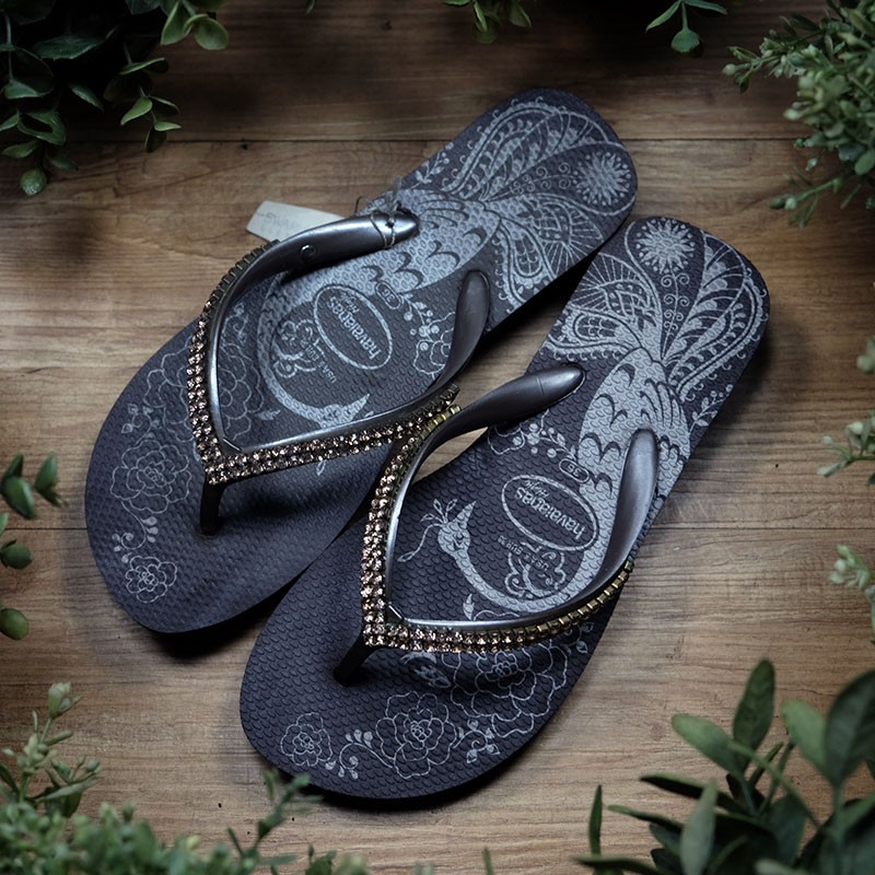 [ LIZcolor ] Havaianas巴西拖鞋xSwarovski施華洛世奇聯名/三公分厚底/雙排水鑽/咖啡底粉鑽