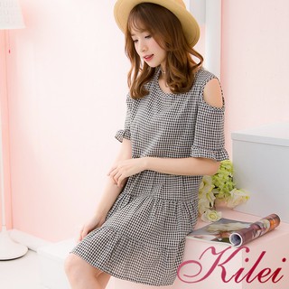 【Kilei】格紋短袖小露肩似蛋糕裙短洋裝XA3826-01(黑白格)大尺碼