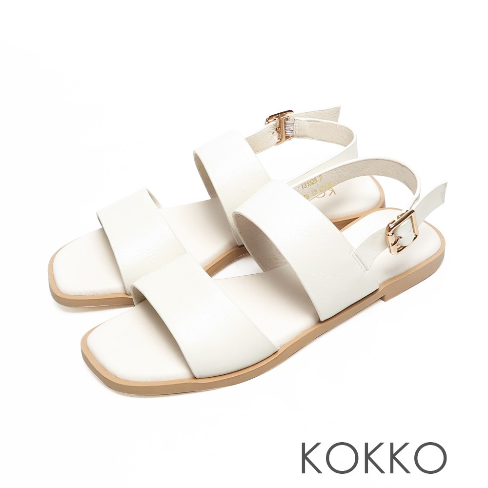 KOKKO時髦方頭一字帶柔軟羊皮平底後帶涼鞋白色