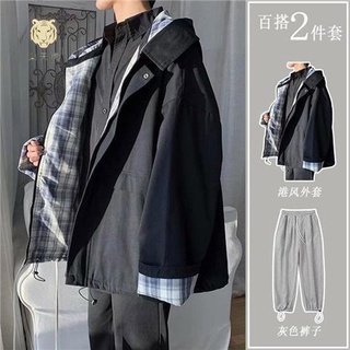 $免運$限時下殺~新款假兩件襯衫外套男生秋季輕熟風潮牌痞帥男裝一套搭配帥氣套裝男裝日系時尚套裝男原宿風潮流百搭