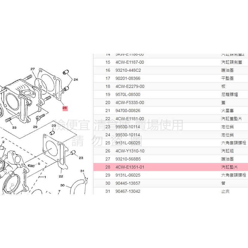 撿便宜 料號:4CW-E1351-10 YAMAHA山葉原廠部品 汽缸墊片 汽缸墊片 紙製 新風光 125 VINO