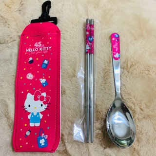 三麗鷗 凱蒂貓Hello Kitty 餐具組 筷子 湯匙 袋子 可掛式