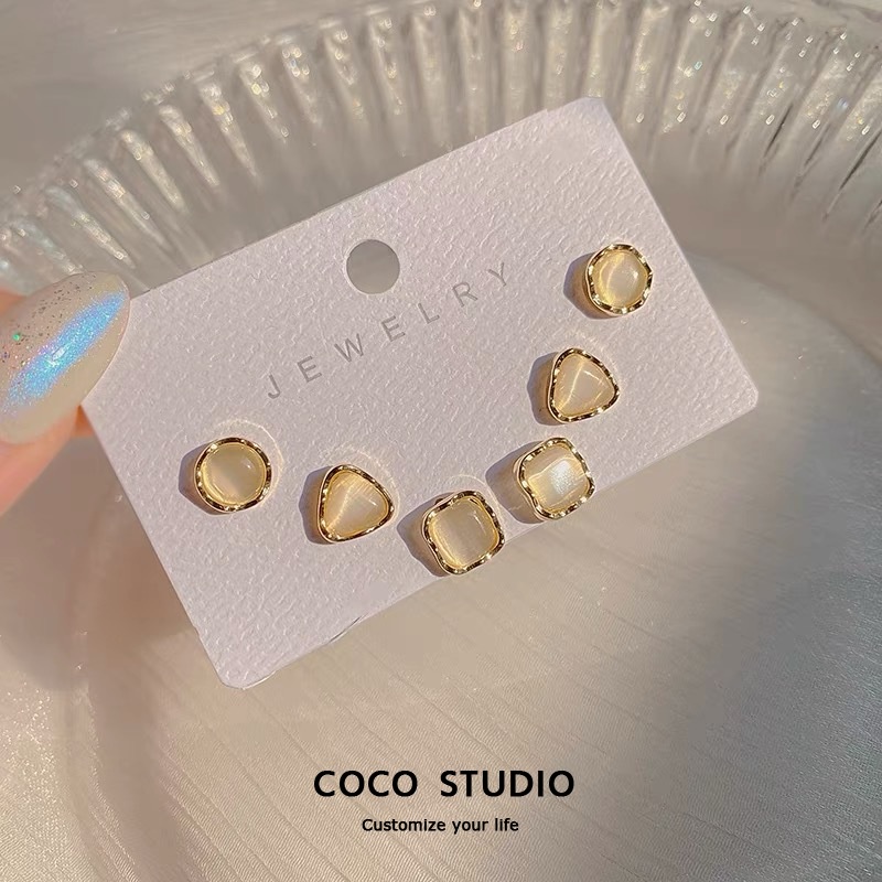 COCO STUDIO S925銀針小巧貓眼耳環女氣質簡約六件套耳環甜美迷你小眾耳飾女生配件