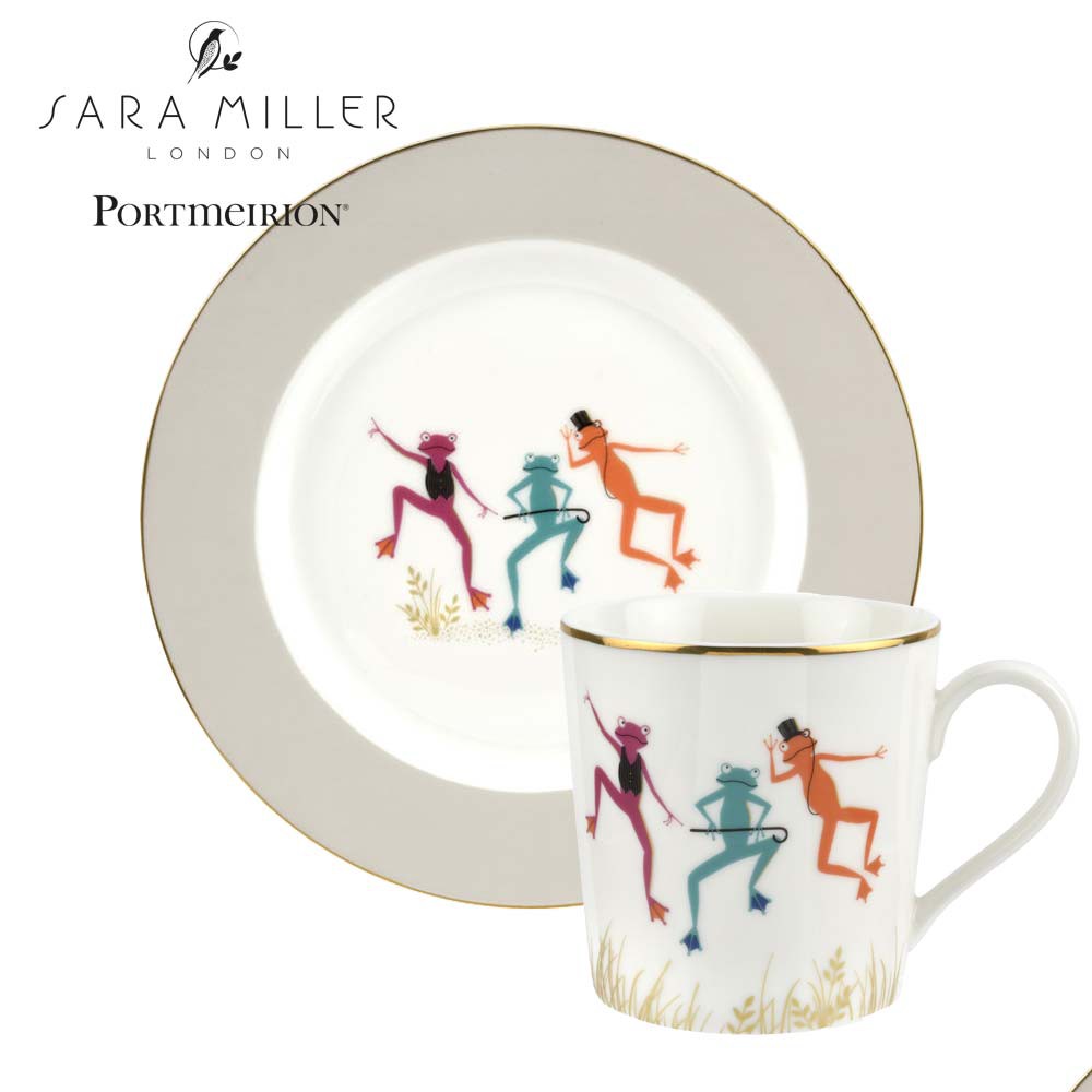 【Portmeirion】SaraMiller設計聯名款-小動物樂園系列-快樂蛙馬克杯+點心盤組