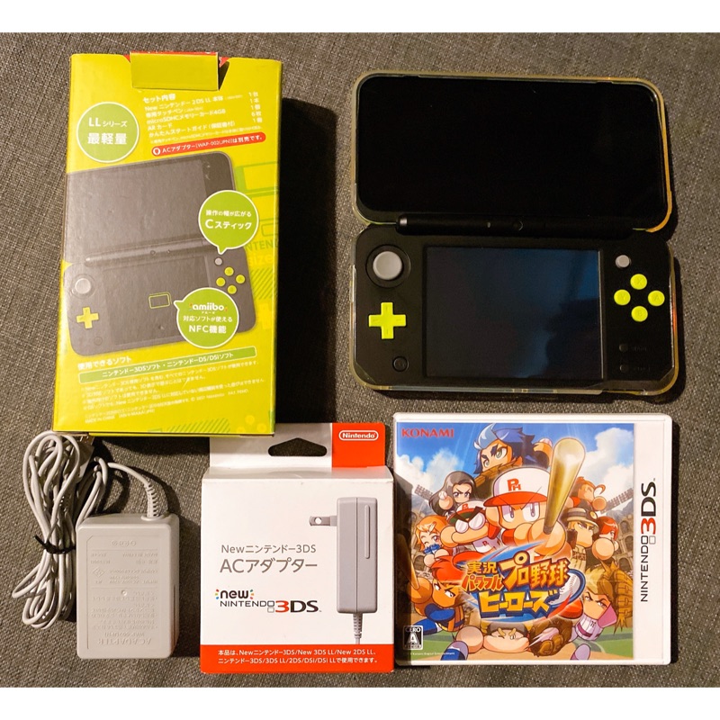 New 2DS LL 主機 綠/ 黑 完整盒裝+充電器+透明硬殼 3DS實況野球 3DS馬力歐賽車