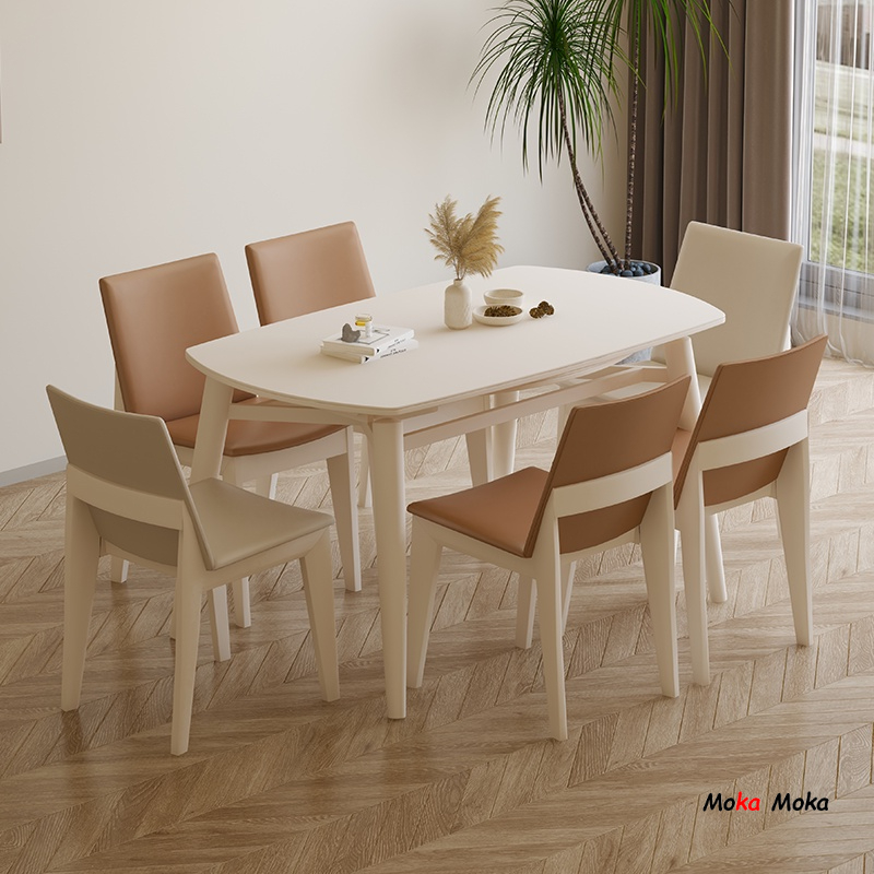 『MOKA®摩卡』桌子 餐桌 餐桌椅組 圓餐桌 摺疊餐桌 奶油風純白巖板法式白色實木餐桌可伸縮方圓兩用小戶型餐桌椅組合