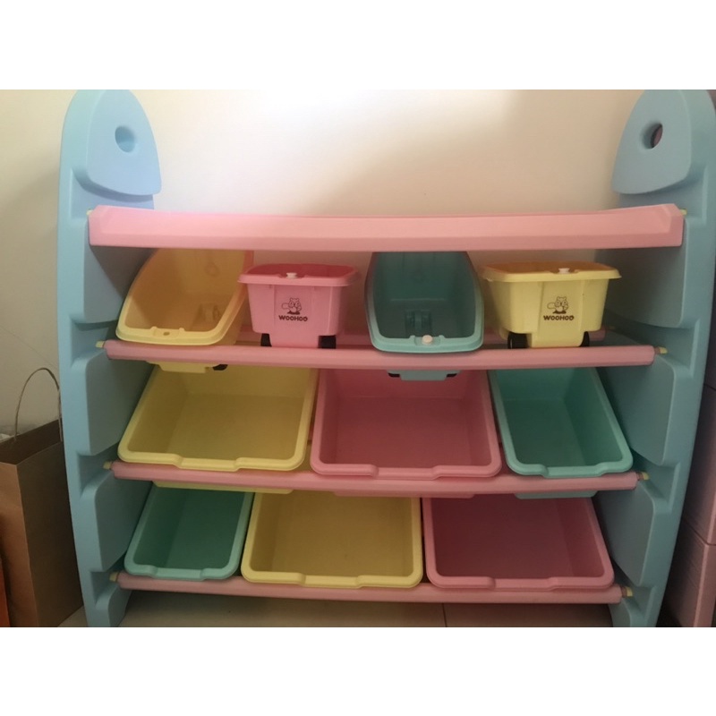 WOOHOO 兒童玩具收納櫃-四層寬版-藍側板-含大小收納盒