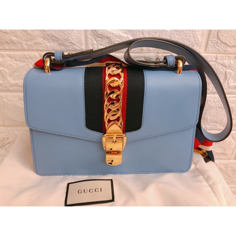Gucci (🔕已售）Sylvie 中型緞帶包 肩背包 天空藍 正品有購証