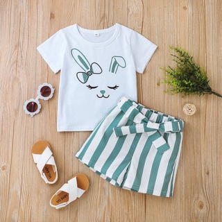1-5歲夏季女童卡通兔子短袖T卹條紋短褲套裝 寶寶洋裝 嬰幼兒衣服 現貨韓版兒童服裝