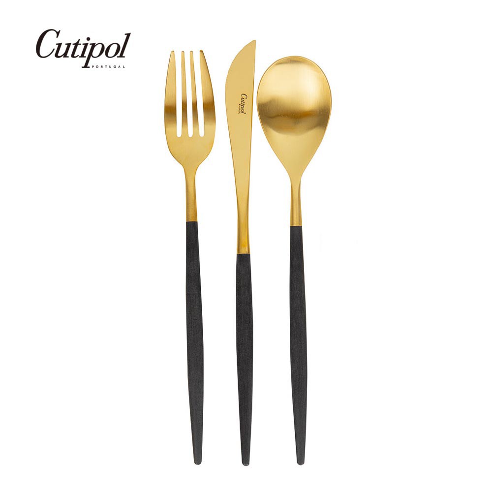 【Cutipol】全新MIO系列-黑金霧面不銹鋼-主餐三件組(主餐刀叉匙) 葡萄牙手工餐具