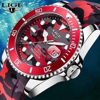 LIGE 時尚男士手錶頂級品牌豪華迷彩石英腕錶運動紅色男士矽膠手錶