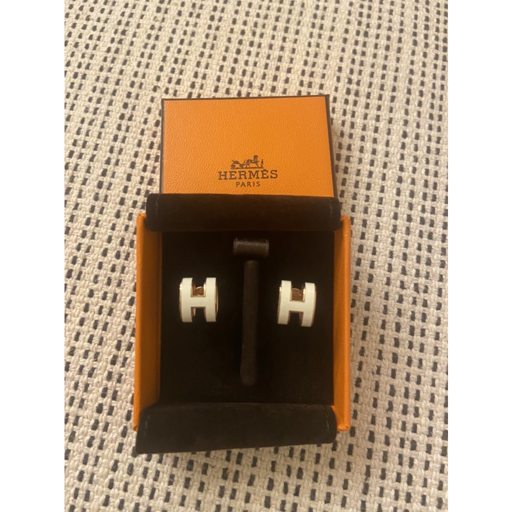 Hermes 經典Pop H Logo耳環 (白/金)
