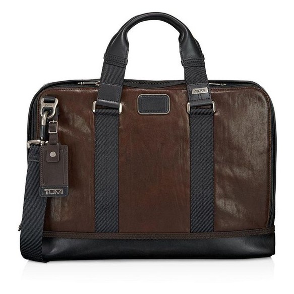 TUMI 咖啡棕色公事包 Alpha Bravo Leather Andrews Slim Briefcase