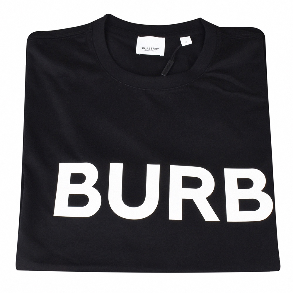 BURBERRY HORSEFERRY字母LOGO印花設計棉質寬鬆短袖T恤(男裝/黑x白字)
