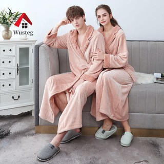 🔥Wusteg🔥臺灣熱銷♥️睡袍睡裙居家服 珊瑚絨睡袍男女秋冬款長袖睡衣家居服長款加絨加厚法蘭絨情侶浴袍