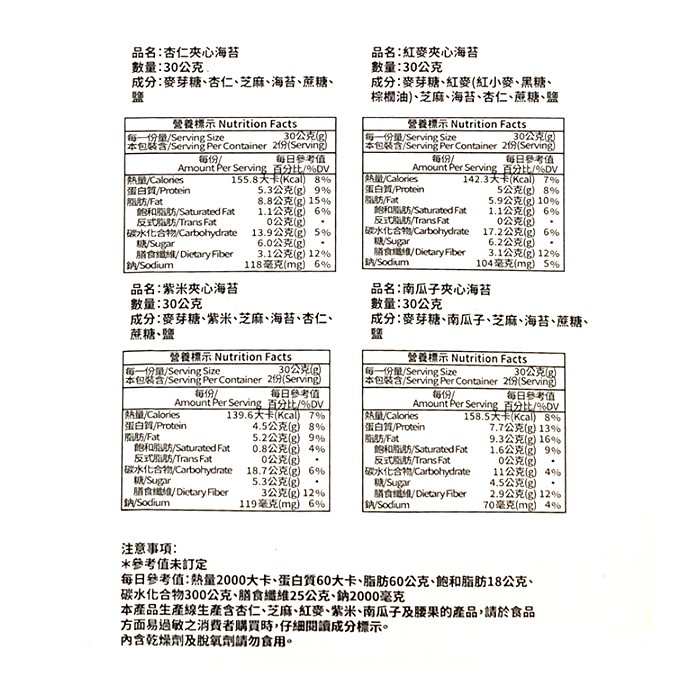 和春堂超強卡哇伊夾心海苔系列 一組4包 海苔香脆芝麻夾心海苔低鹽膳食纖維南瓜子杏仁紫米高纖紫菜