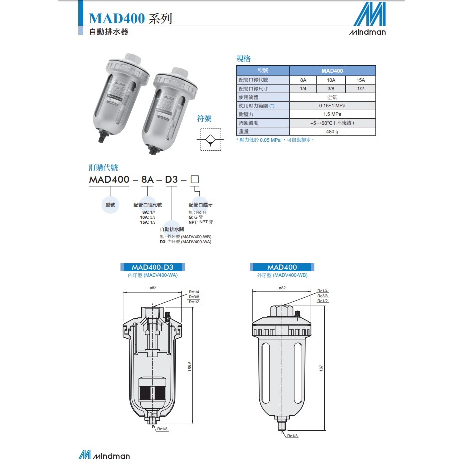 全新商品最低價 24小時內出貨 Mindman 自動排水器mad400 8a 配管口徑尺寸1 4 蝦皮購物