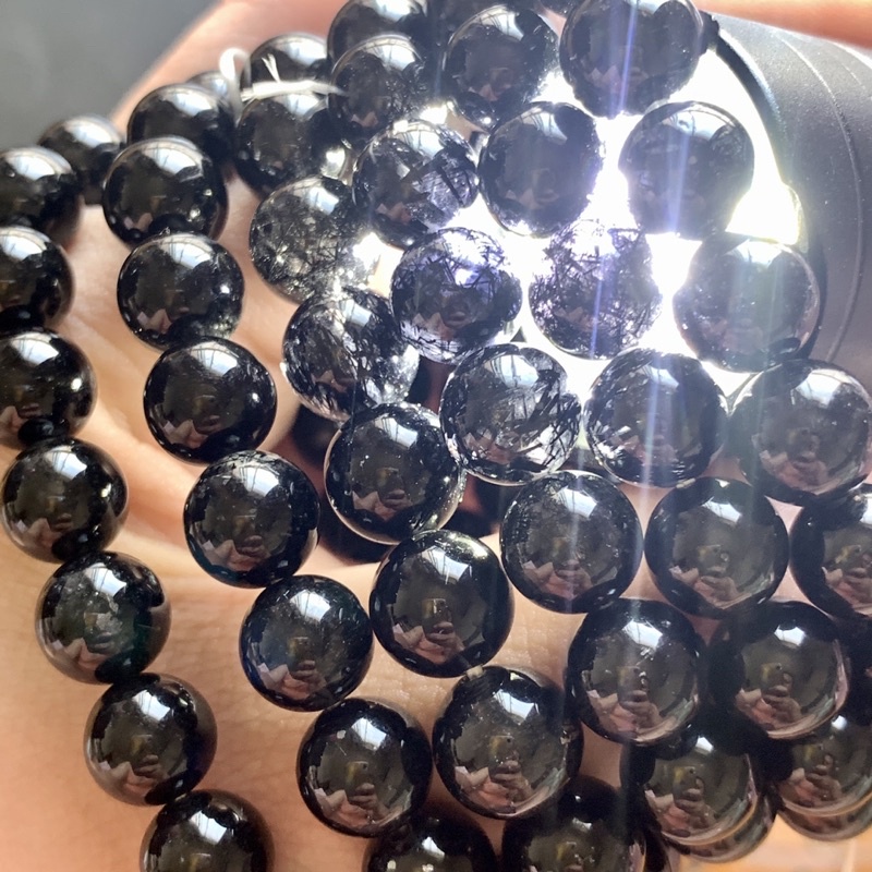 僅此一波-滿礦濃密黑強針狀滿絲黑髮晶黑鈦晶8/10/11mm+（單圈）手珠手鍊DIY串珠手做項鍊-點點水晶品-結緣價
