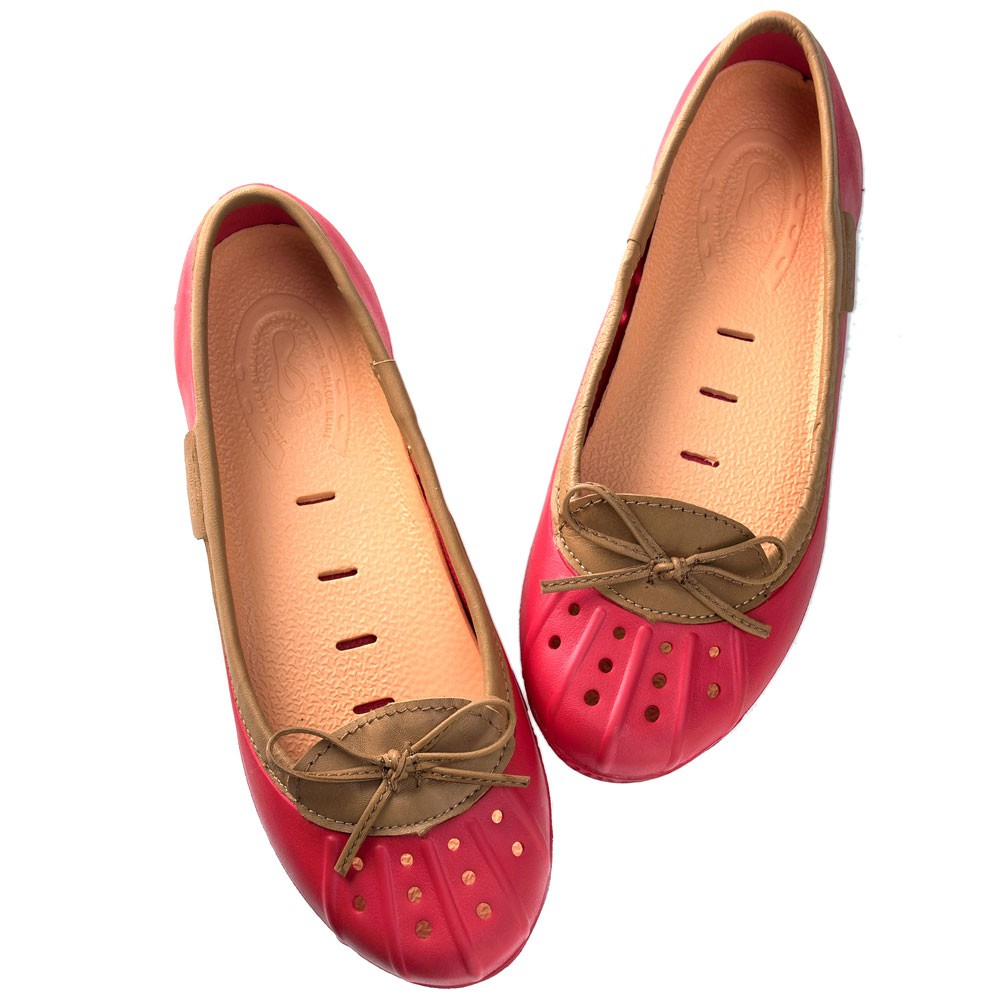 美國加州 PONIC&amp;Co. ELLA 防水輕量 娃娃鞋 雨鞋 紅色 女 懶人鞋 休閒鞋 環保膠鞋 平底 真皮滾邊
