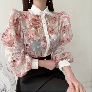 Winni shop韓國連線✈️正韓 拼接蕾絲碎花襯衫 上衣 蕾絲襯衫 長袖襯衫 雪紡襯衫 緹花蕾絲 宮廷風 氣質上衣