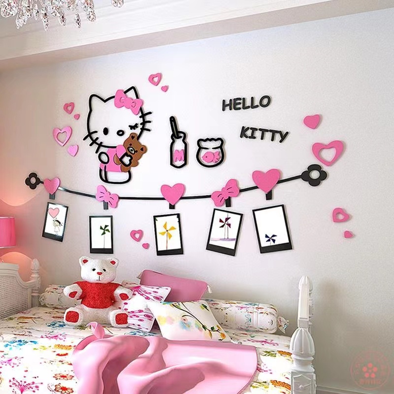 卡通KT貓壓克力照片牆hello kitty壁貼 3d立體牆貼畫水晶貼 客廳兒童房女孩臥室宿舍床頭牆裝飾Kitty壁貼