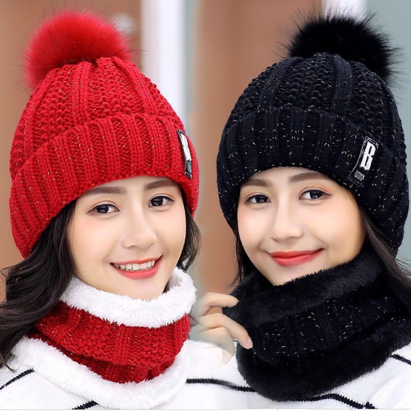 毛線 帽子 保暖護耳冬季韓版毛線帽子女士加絨加厚圍脖學生騎車保暖防寒針織護耳潮帽