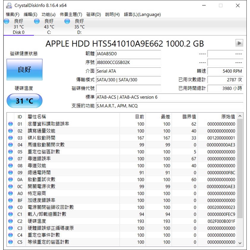 HITACHI HTS541010A9E662 1T 2.5" 2.5吋 硬碟 無壞軌 保固1個月 可面交自