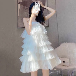 (童話衣櫃) 韓版連衣裙夏季衣服女裝蛋糕裙 2022 夏季白色公主甜美柔和的風洋裝吊帶連衣裙 【仙女衣櫥】