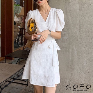 GOFO 短袖洋裝 韓系顯瘦 性感V領開襟腰間綁帶 皺面雪紡洋裝 連身裙 連衣裙