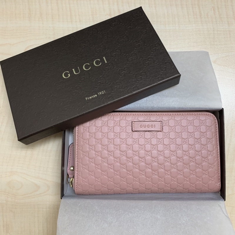 【全新】GUCCI 粉紅色 經典 Guccissima系列 雙G壓紋LOGO拉鍊款 錢包 皮夾 長夾 🐯35_Shop