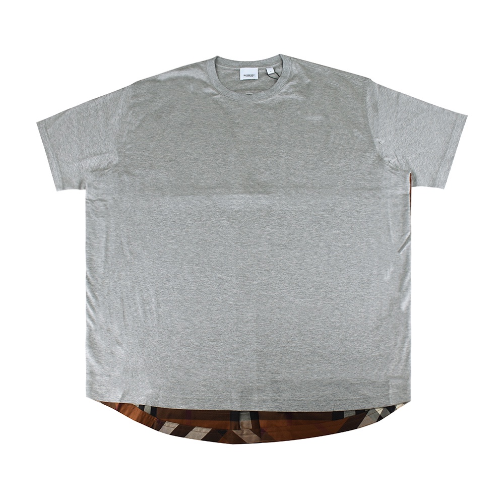 BURBERRY格紋拼接純棉下擺圓弧設計長版圓領短袖T恤(女款/灰)
