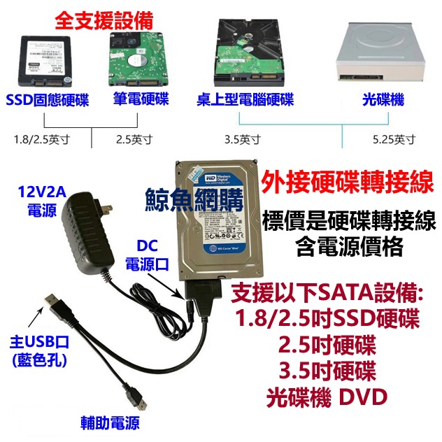 現貨:2.5吋+3.5吋SATA硬碟轉接線 附電源 USB3.0 to SATAIII 支援SSD硬碟,行動硬碟盒光碟機