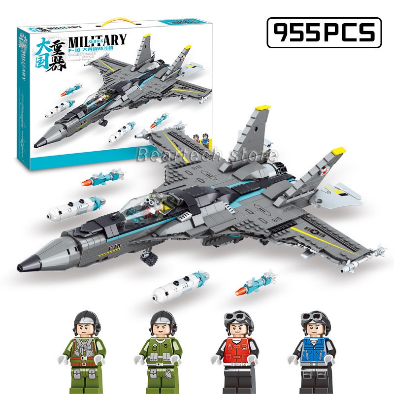 F18 大黃蜂戰鬥機與樂高軍事武器, 帶有迷你人物積木積木玩具