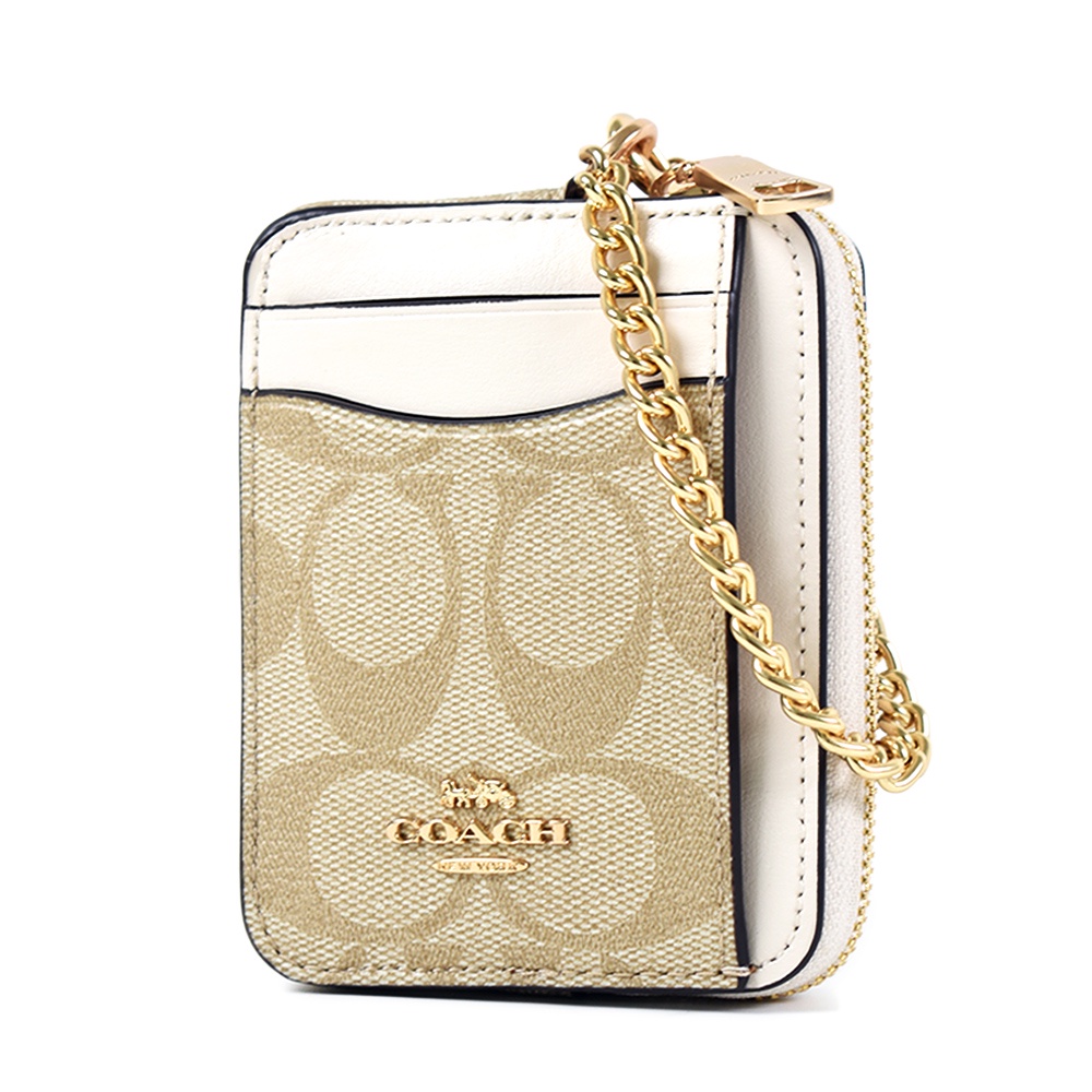 COACH 緹花LOGO鍊帶證件零錢包-白色【美國正品 現貨】