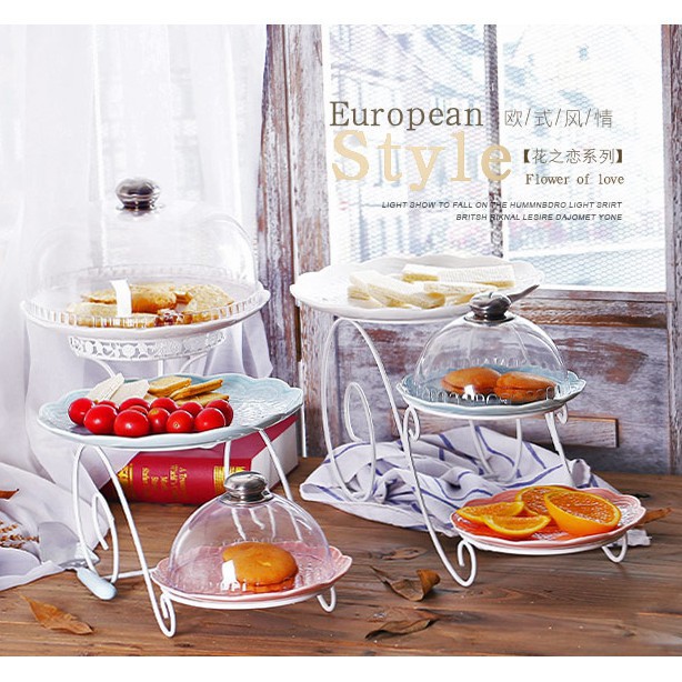 【洛洛精品】歐式陶瓷兩層蛋糕託盤 下午茶三層點心架 單層婚慶甜品臺帶塑膠蓋