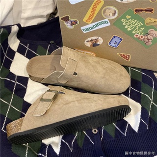 (小方頭粗跟半拖高跟鞋女)（新款網紅高跟鞋）勃肯拖鞋女半託平底外穿春秋韓版ins日系磨砂時尚包頭軟木女拖鞋
