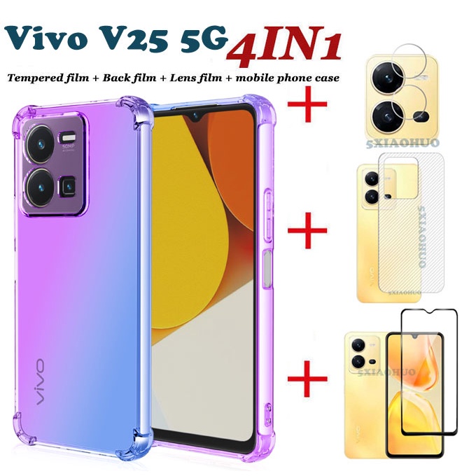 (4IN1)Vivo V25 5G V25E手機殼四角防摔手機殼+鋼化玻璃膜+碳纖維背膜+鏡頭膜Vivo V23 V23