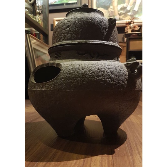 重量級！大型茶道具！老日本古董鬼面風爐 9.2kg 岩皮肌 斑銅蓋 重量級 茶釜風爐組！