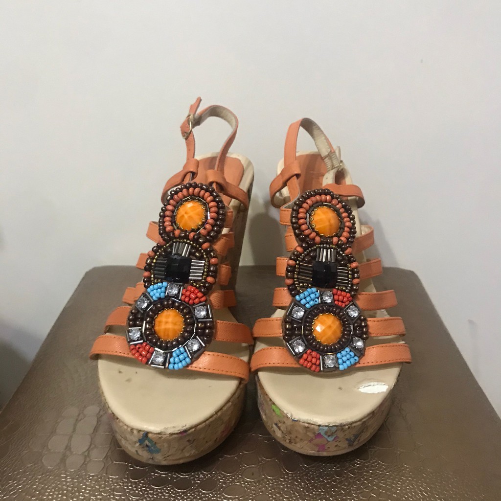 Annalee專櫃女鞋 民族風亮橘高跟厚底涼鞋 二手 蝦皮購物