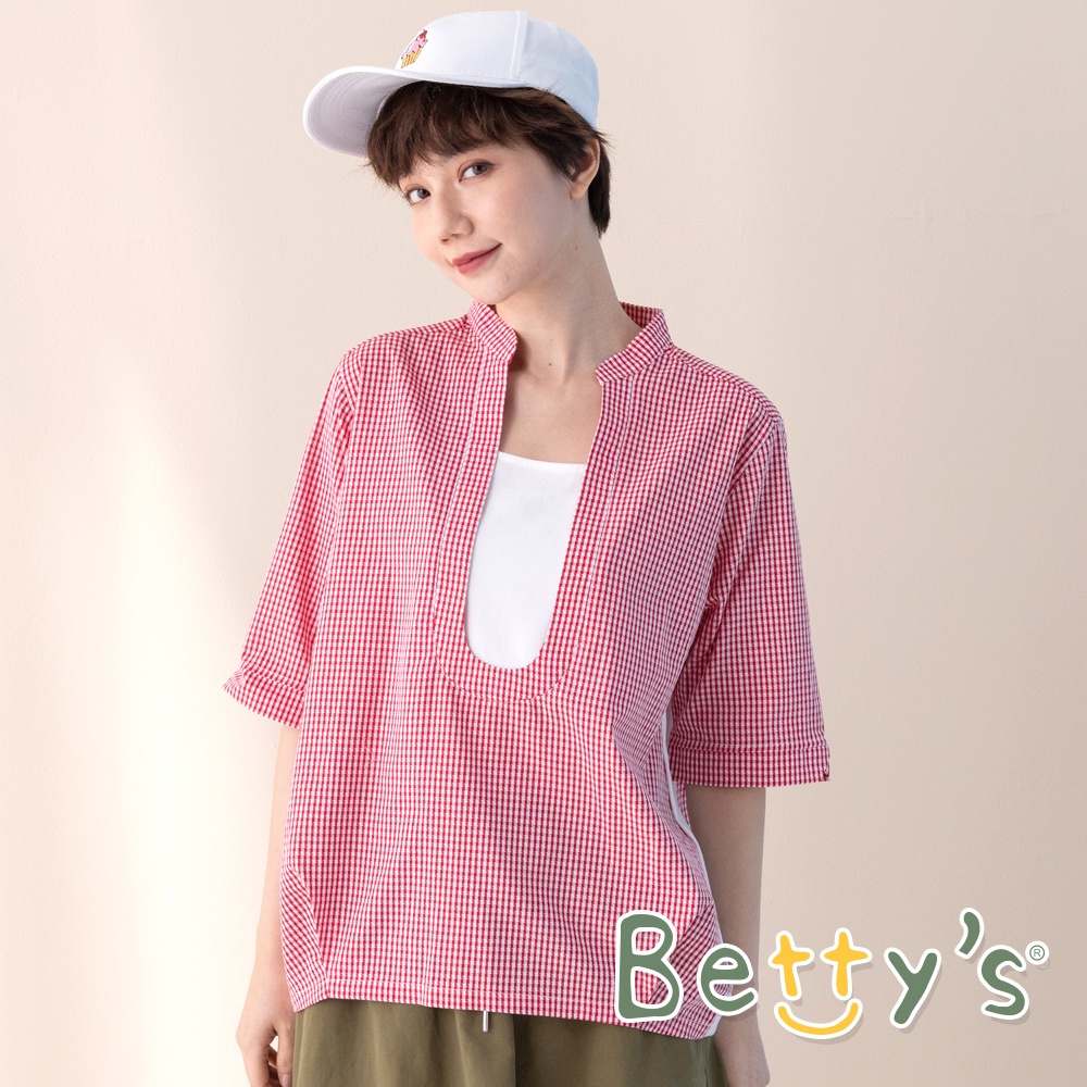 betty’s貝蒂思(11)細格立領拼布上衣 (紅色)