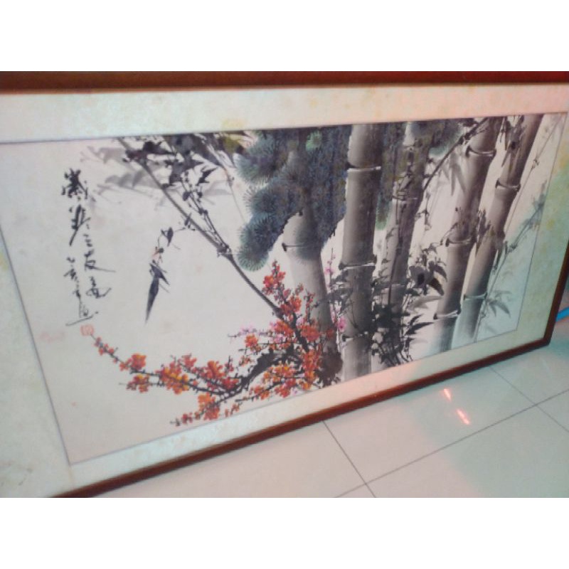 畫】 ☆ 書画 松竹梅図六曲衝立 ☆ 明治期 白山居士絵 肉筆真