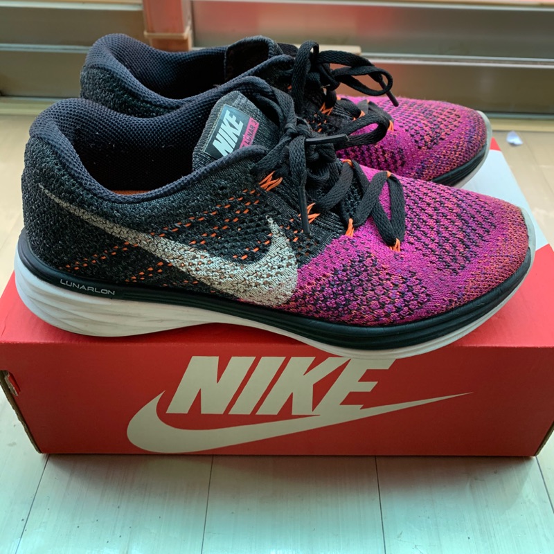 女生Nike flyknit Lunar3針織鞋 黑粉色慢跑鞋 二手7成新