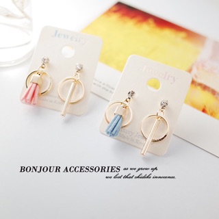 韓國圈槓不對稱小流蘇 耳環 夾式 針式 臺灣現貨 【Bonjouracc】