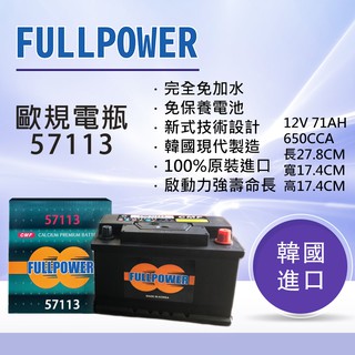 【現貨】57113(DIN75) 歐規電瓶 韓國進口FULL POWER電瓶／車用／現代製造／非湯淺、YUASA、統立