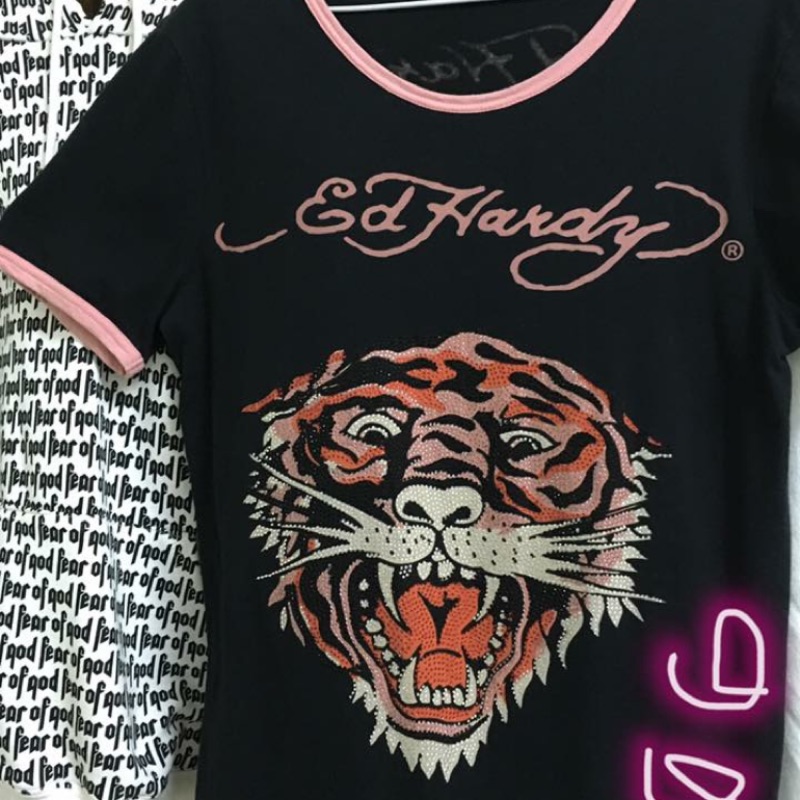 ED Hardy 經典水鑽黑粉虎頭短T