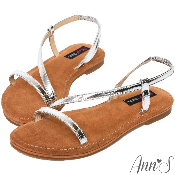 Ann’S水洗牛皮-視覺纖細金屬曲線寬版平底涼鞋-銀