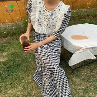 ROVE【原創設計】韓國chic夏季法式復古圓領蕾絲刺繡花拼接泡泡袖荷葉邊格子洋裝洋裝女